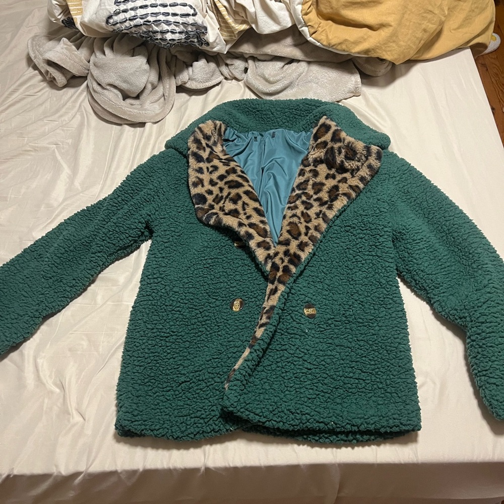 Green Faux Fur Coat with Leopard Print Lining